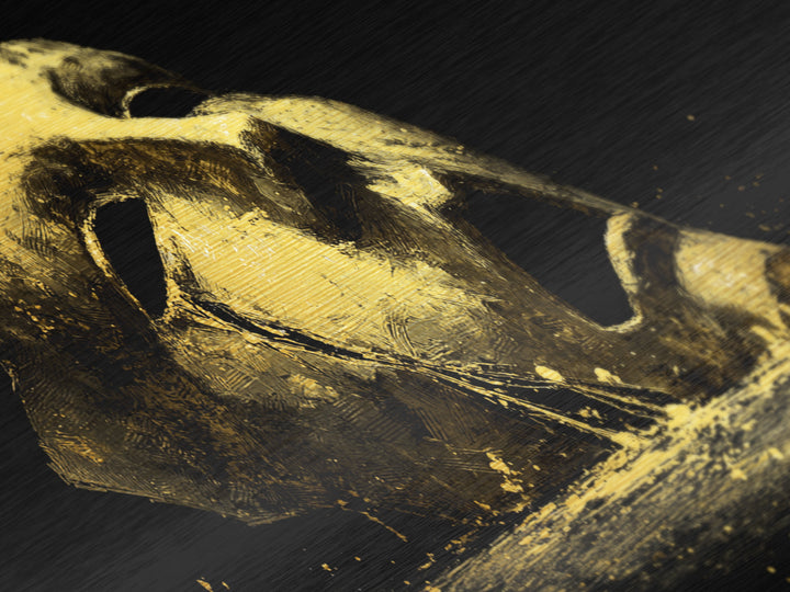 Golden Theatrical Mask, Metallic Gold Metal Print, Real Wood Frame, Dramatic Abstract Artwork, Expressive Wall Art