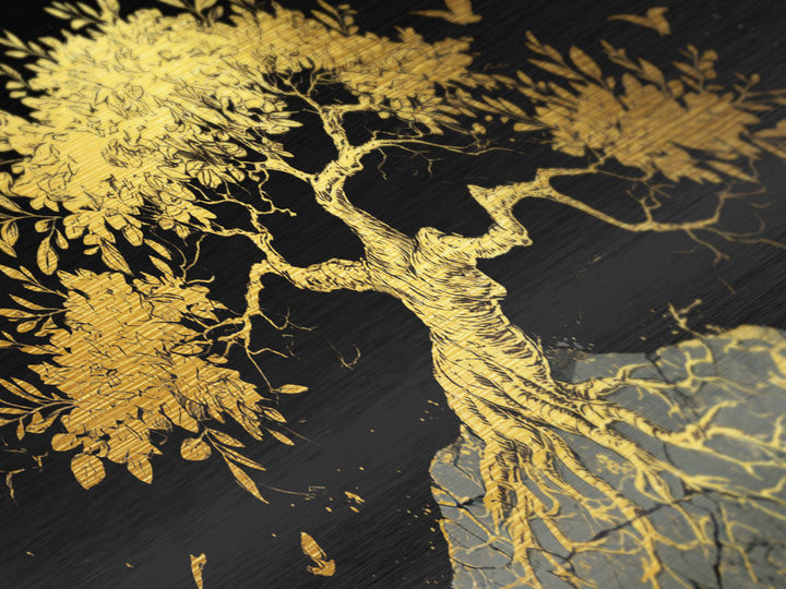 Metallic Gold Tree of Life Artwork, Intricate Roots and Leaves, Wood Framed Map Wall Art for Home or Office Décor