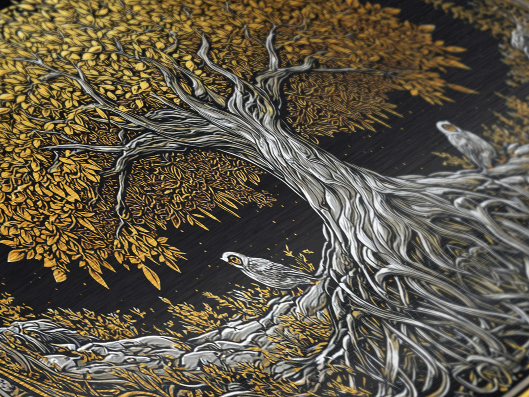 Metallic Gold Ancient Tree Design with Owls, Ornate Border, Wood Framed Map Wall Art for Classic and Nature-Inspired Spaces