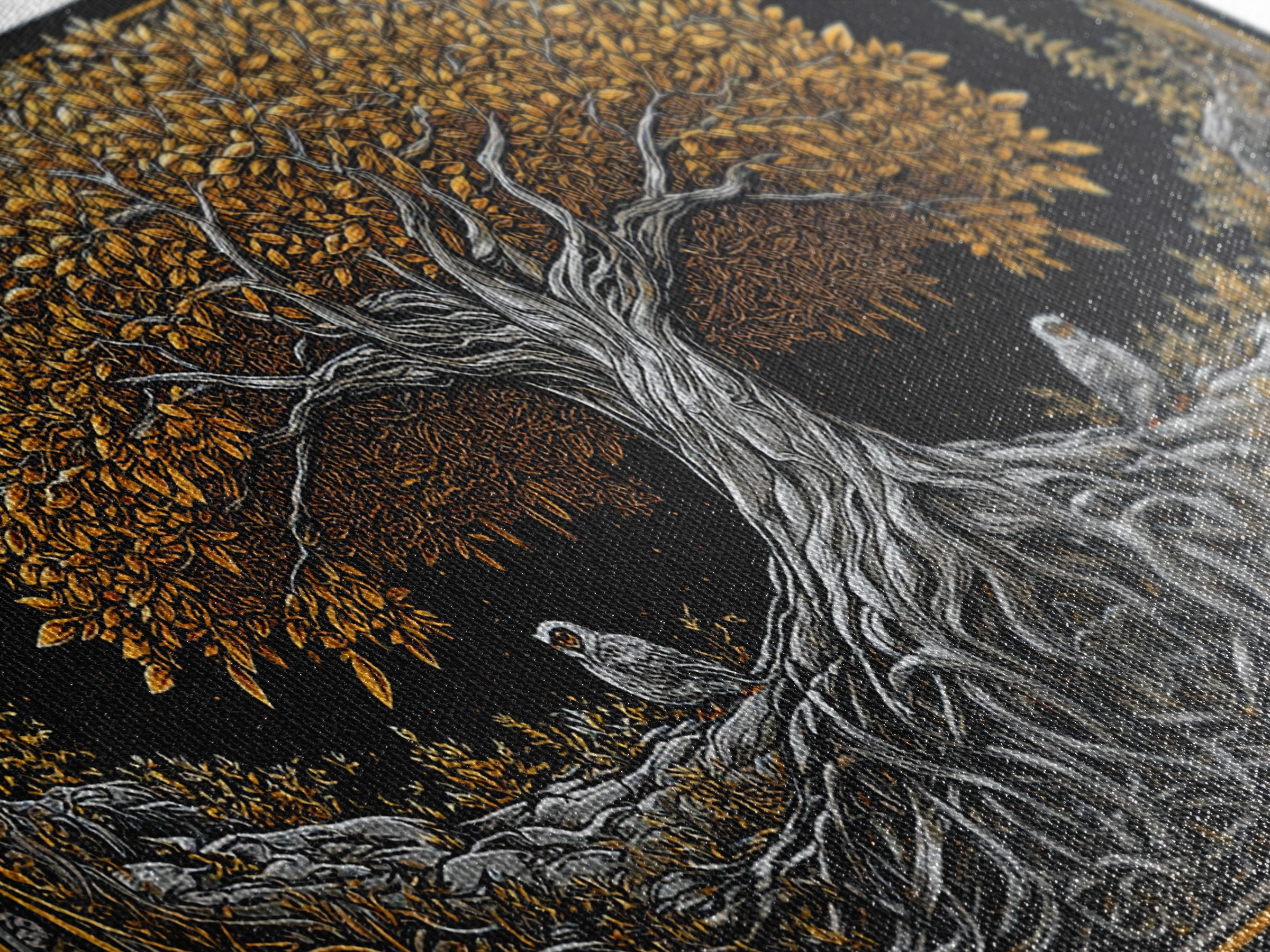 Gold Ancient Tree Design with Owls, Ornate Border, Wood Framed Map Wall Art for Classic and Nature-Inspired Spaces