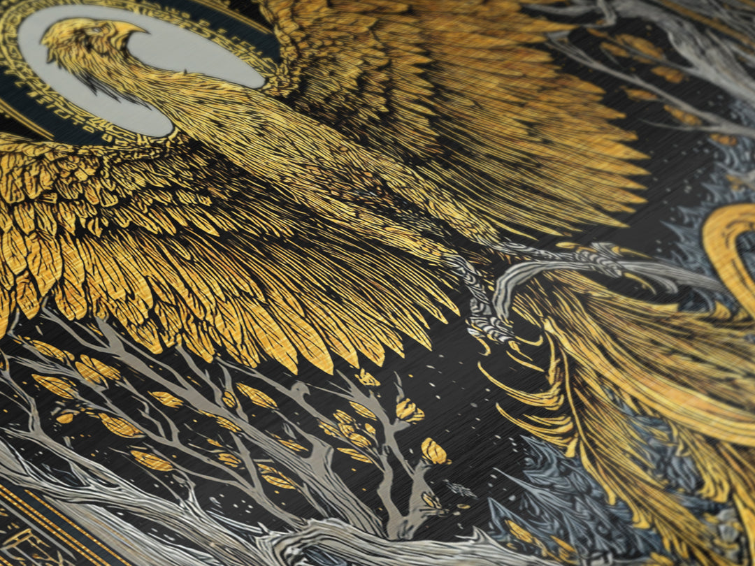 Metallic Gold Phoenix Rising Illustration, Majestic Wings, Wood Framed Map Wall Décor for Myth and Fantasy Art Lovers