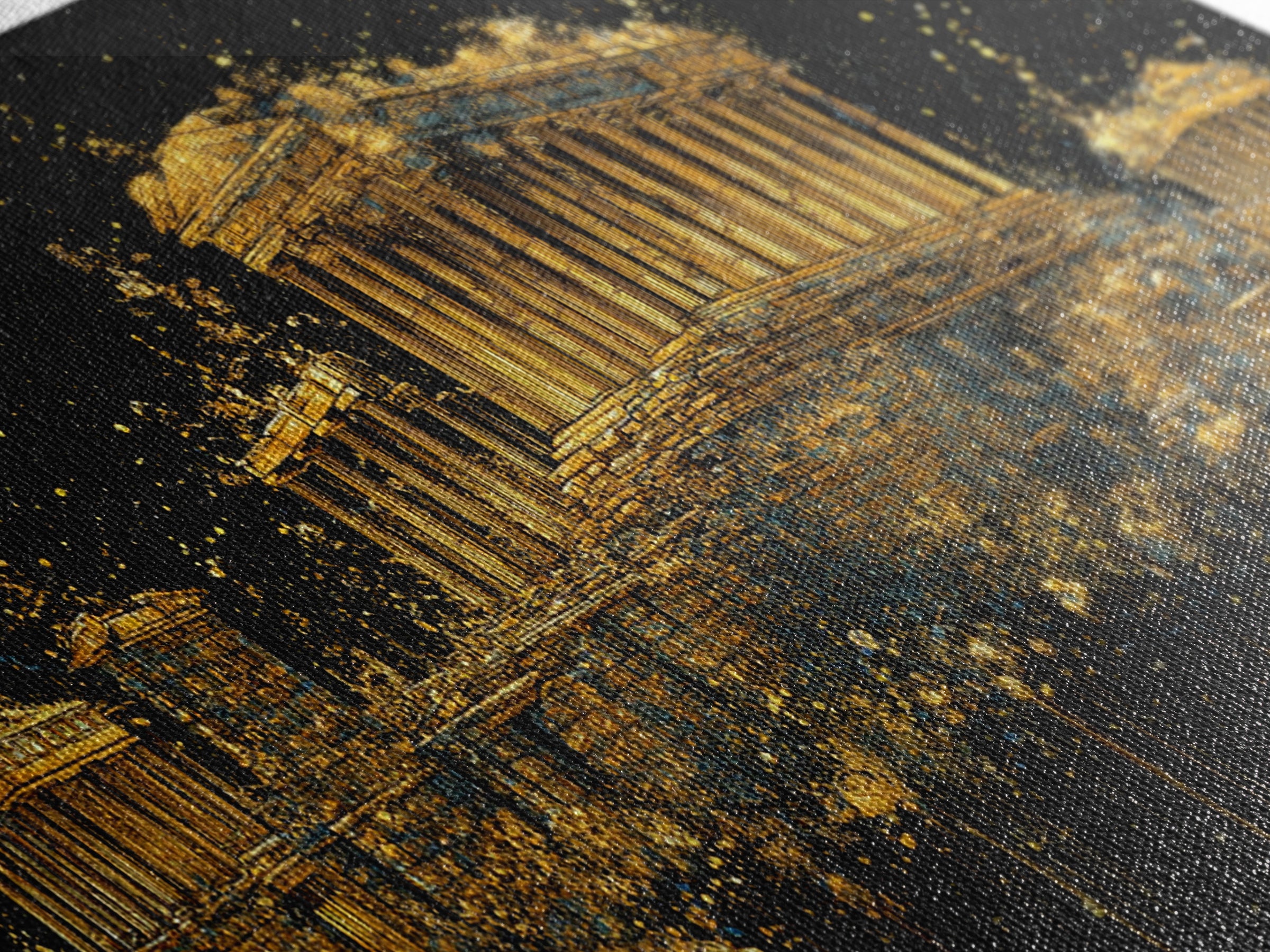 Gold Parthenon Greece Architecture Print, Splatter Art Style, Wood Framed Map Wall Art for Travel and History Fans