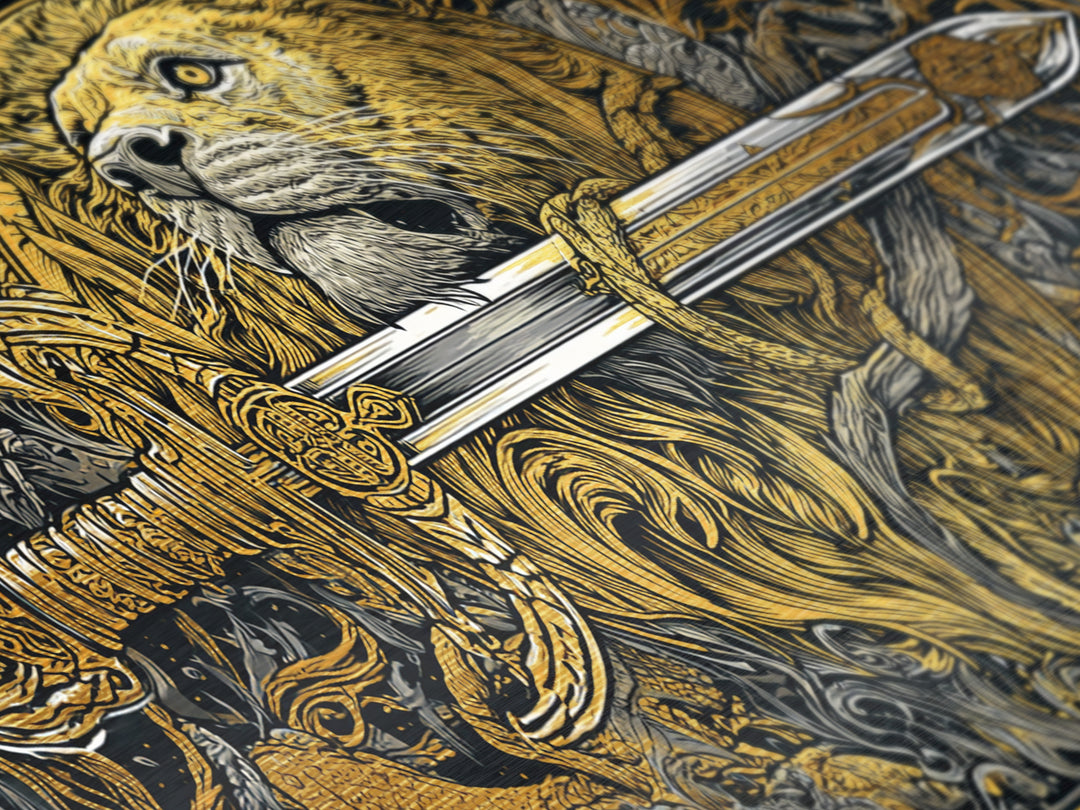 Metallic Gold Lion with Ornate Sword, Surrounded by Floral Designs, Wood Framed Map Wall Art for Strength and Courage Symbolism