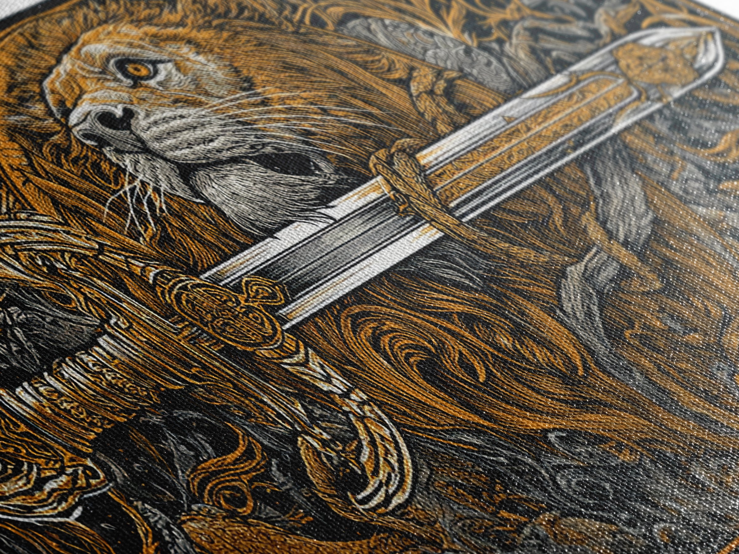 Gold Lion with Ornate Sword, Surrounded by Floral Designs, Wood Framed Map Wall Art for Strength and Courage Symbolism