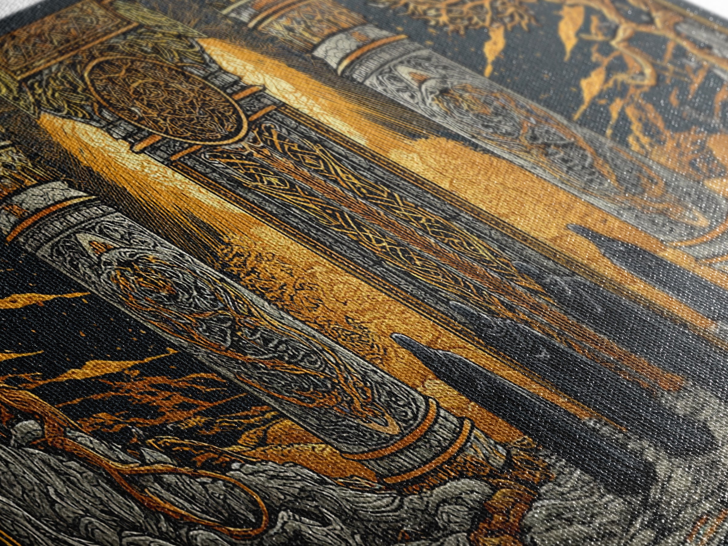 Gold Fantasy Portal Artwork, Glowing Pillars and Trees, Wood Framed Map Wall Décor for Magical and Epic Settings