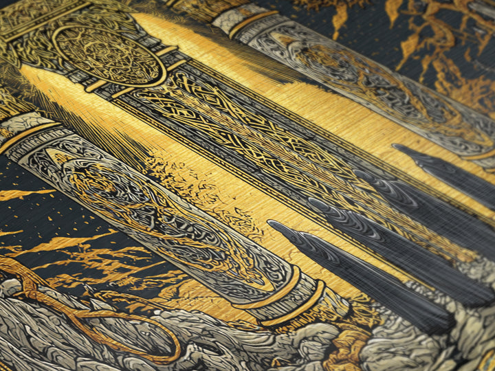 Metallic Gold Fantasy Portal Artwork, Glowing Pillars and Trees, Wood Framed Map Wall Décor for Magical and Epic Settings