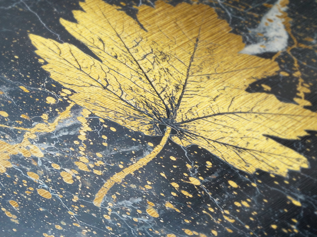 Golden Maple Leaf On Black, Metallic Gold Art, Real Wood Frame, Splatter Style, Nature Wall Decor, Leaf Print