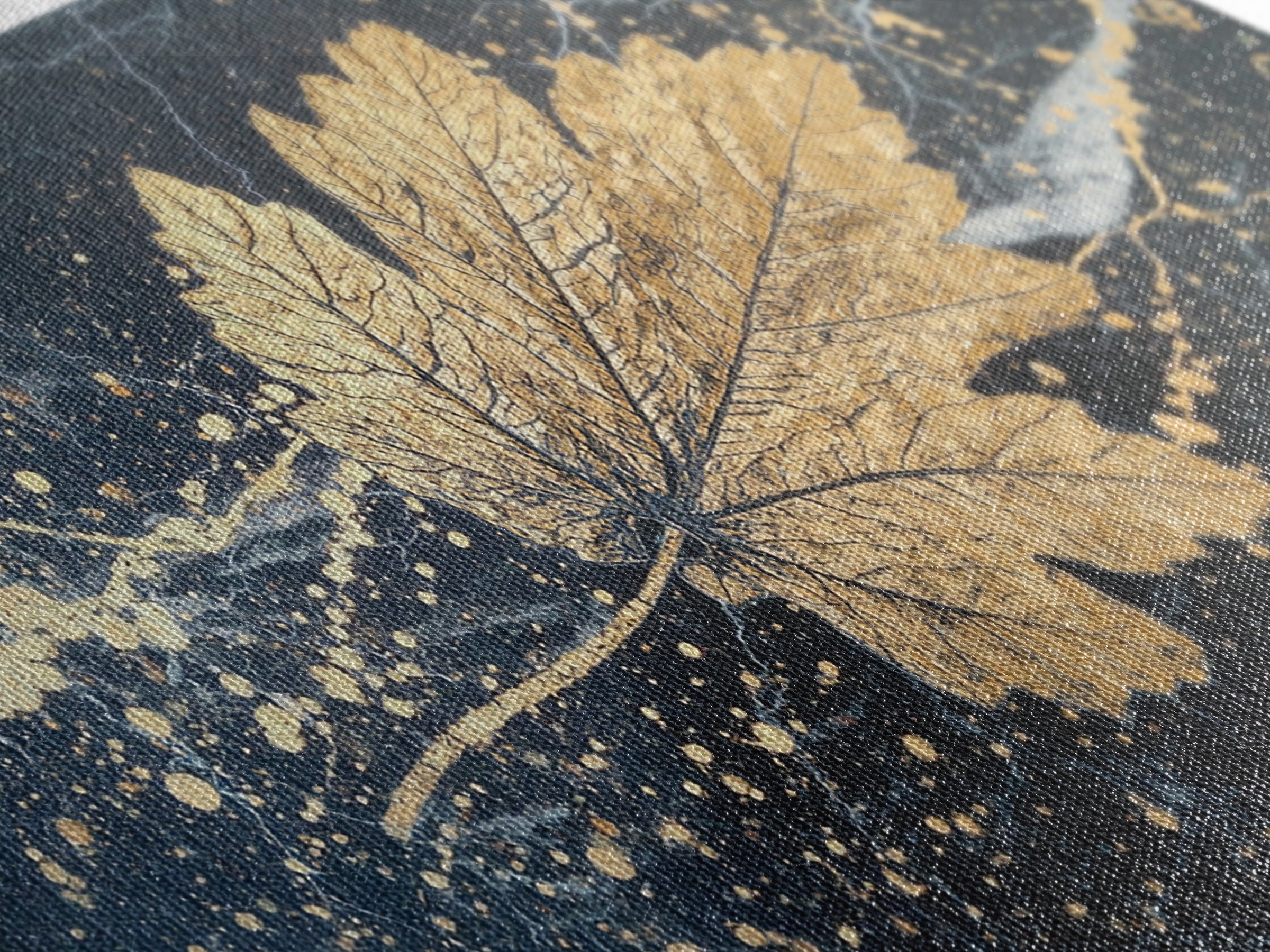 Golden Maple Leaf On Black, Gold Canvas Art, Real Wood Frame, Splatter Style, Nature Wall Decor, Leaf Print