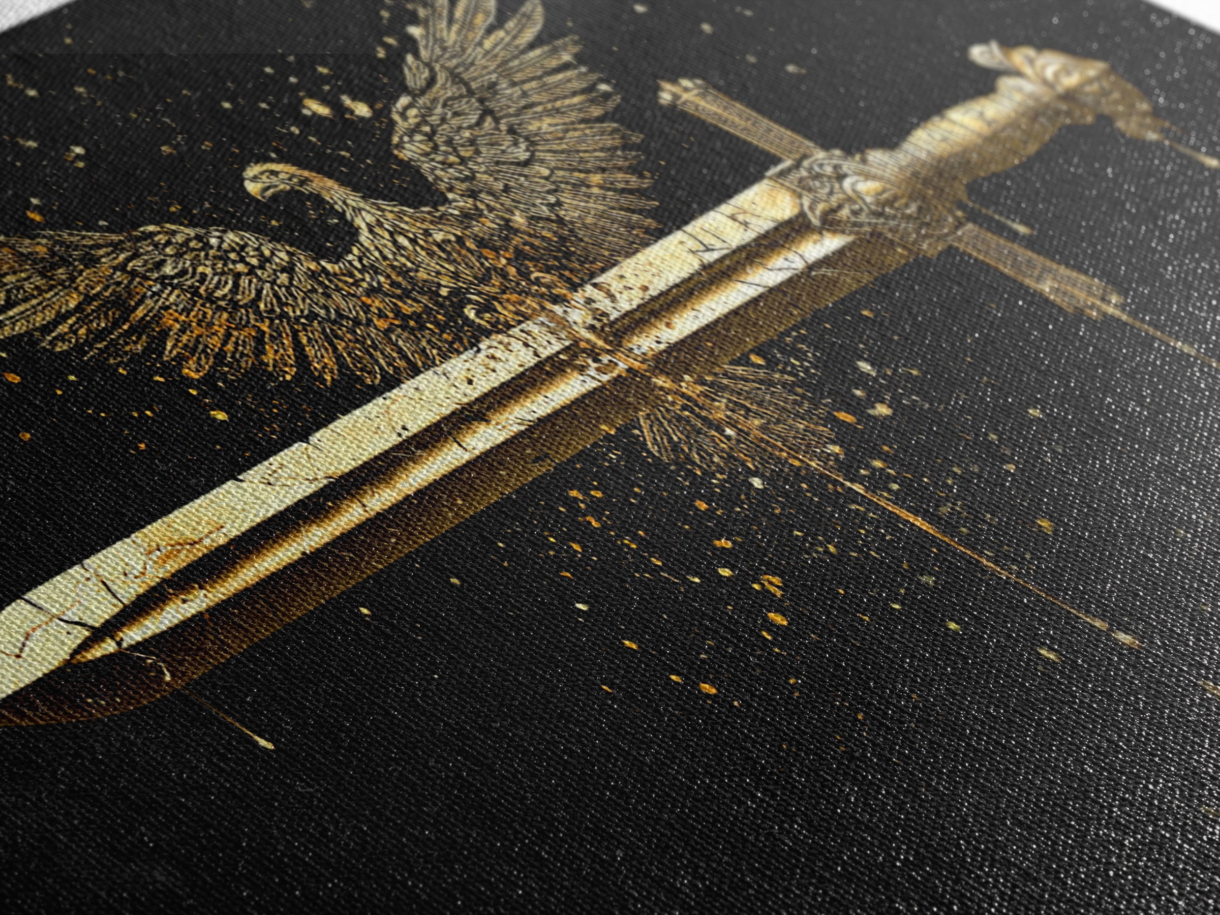 Gold Eagle and Sword Artwork, Splatter Effect Style, Wood Framed Map Wall Art for Power and Freedom Symbolism