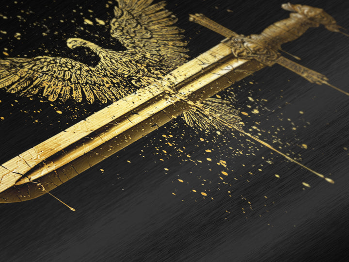 Metallic Gold Eagle and Sword Artwork, Splatter Effect Style, Wood Framed Map Wall Art for Power and Freedom Symbolism