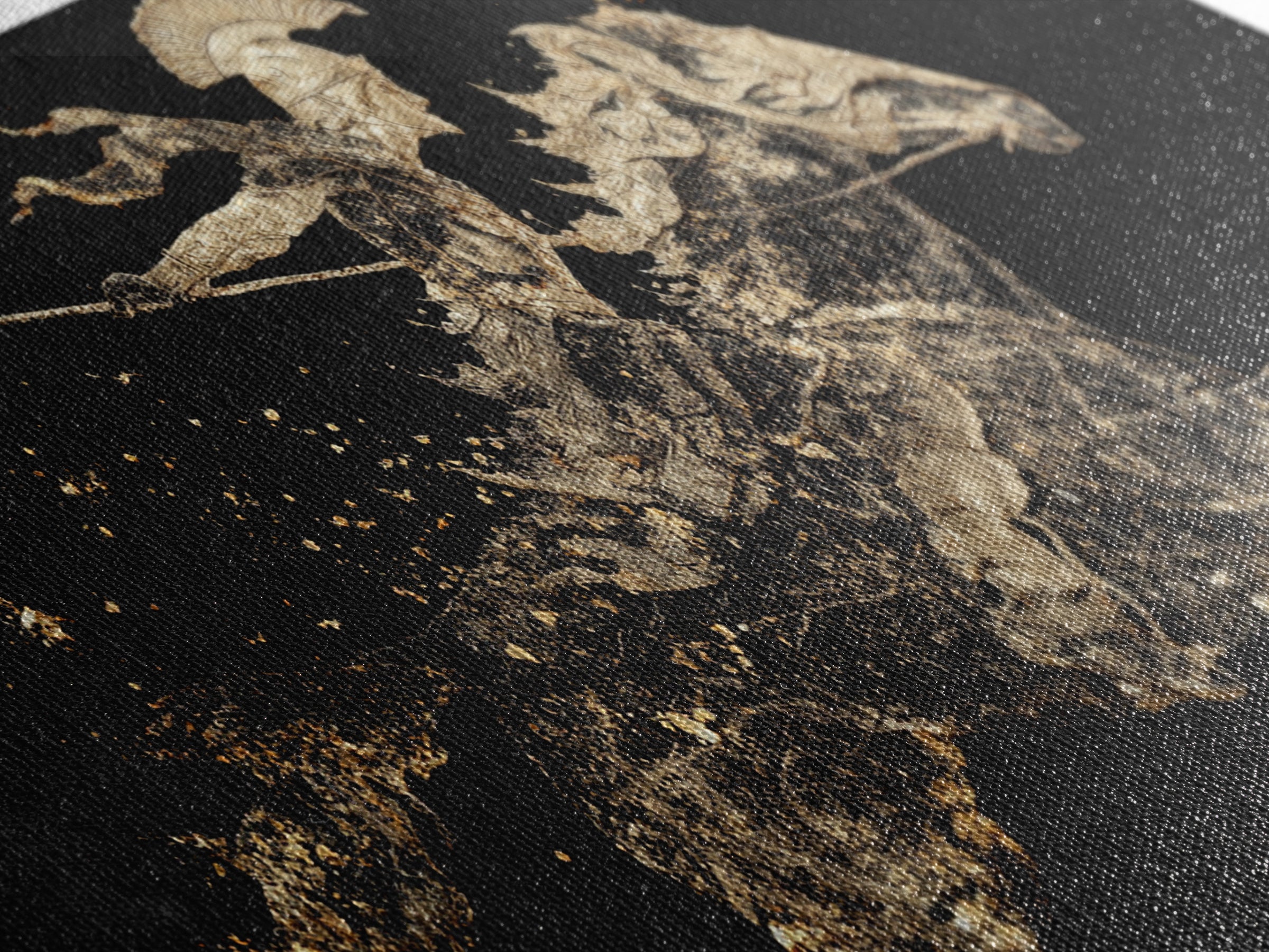 Gold Canvas Art Spartan Rider Silhouette, Splatter Effect Spear Charge, Wood Framed Map Wall Décor, Historical and Warrior-Themed Spaces