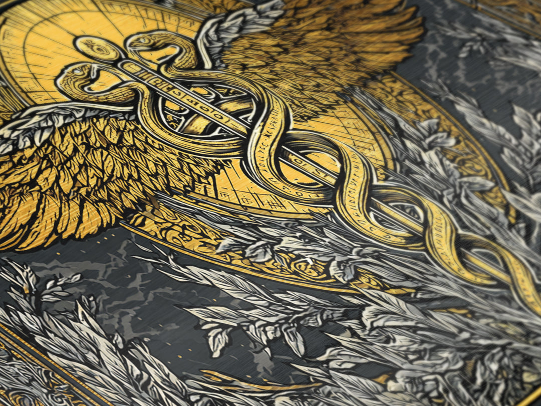 Metallic Gold Art Caduceus Symbol with Wings and Serpents, Ornate Frame, Wood Framed Map Wall Décor for Medical and Healing Symbolism Fans