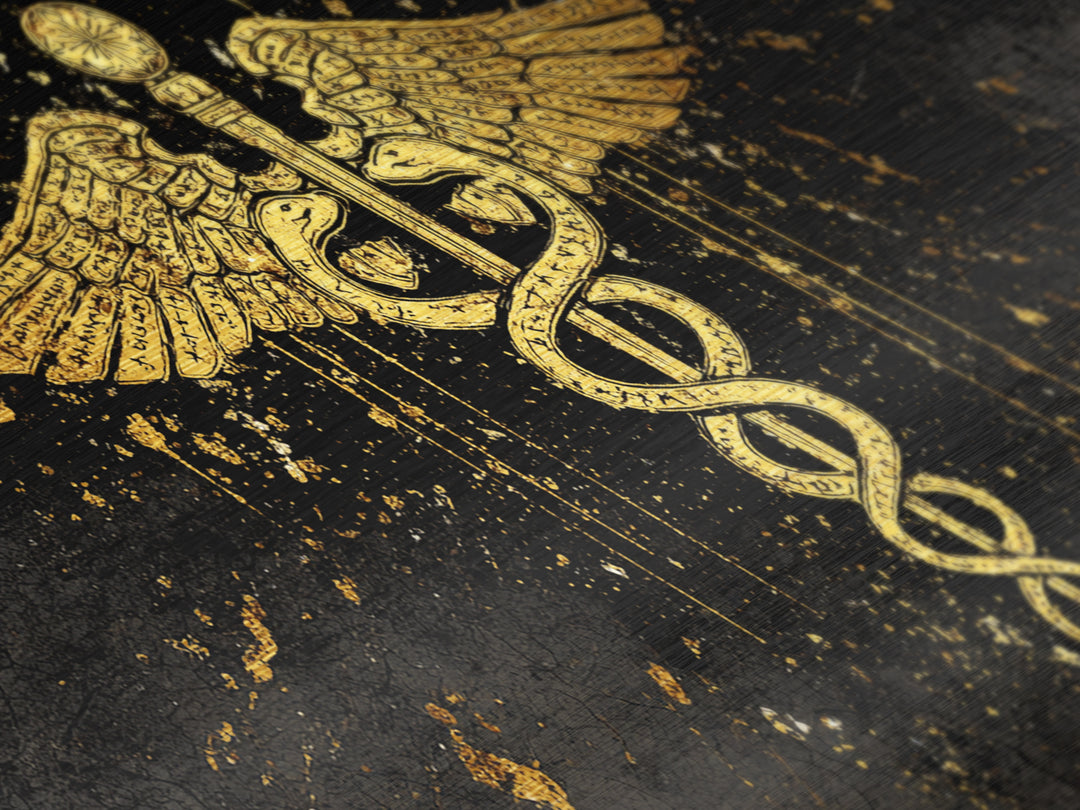 Metallic Gold Metal Print Caduceus Splatter Effect Design, Ancient Script Wings, Wood Framed Map Wall Art for Medicine and Healing Iconography