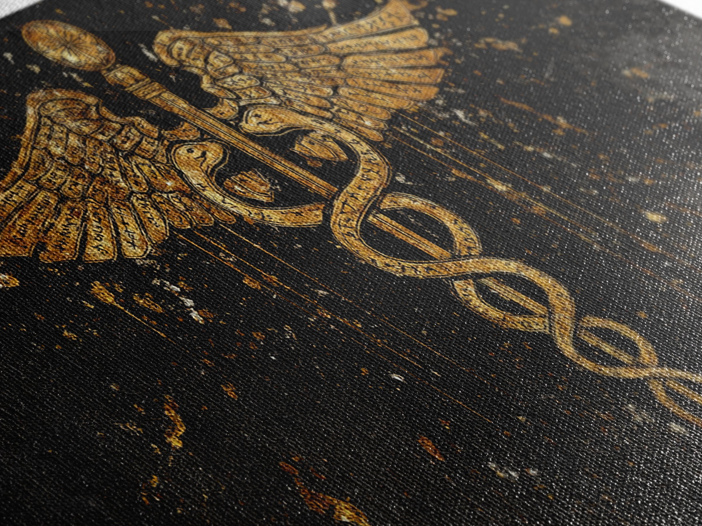 Gold Canvas Print Caduceus Splatter Effect Design, Ancient Script Wings, Wood Framed Map Wall Art for Medicine and Healing Iconography