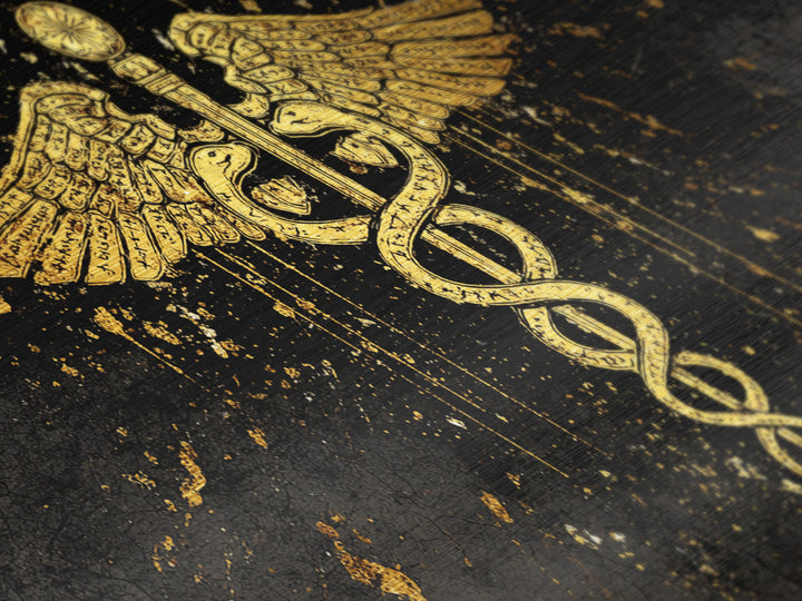 Metallic Gold Metal Print Caduceus Splatter Effect Design, Ancient Script Wings, Wood Framed Map Wall Art for Medicine and Healing Iconography