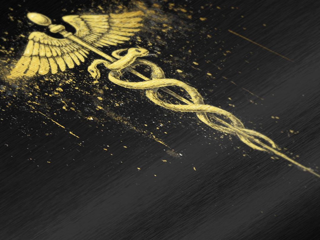 Metallic Gold Art Caduceus Medical Symbol, Splatter Background Art Style, Wood Framed Map Wall Décor for Healthcare, Classical Symbol Lovers