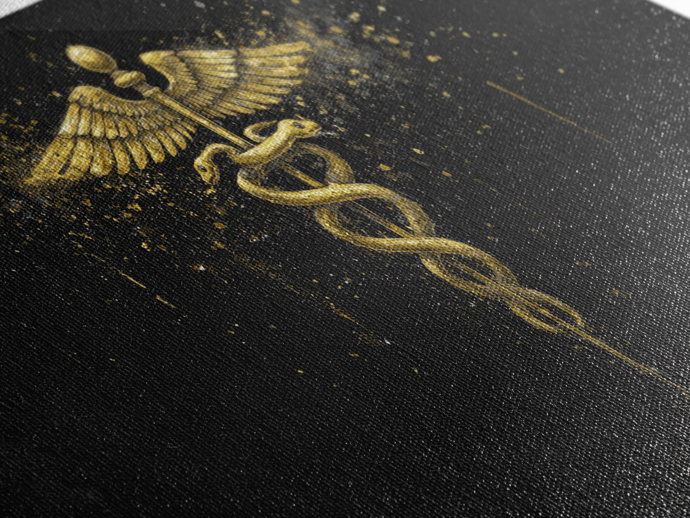 Gold Canvas Art Caduceus Medical Symbol, Splatter Background Art Style, Wood Framed Map Wall Décor for Healthcare, Classical Symbol Lovers
