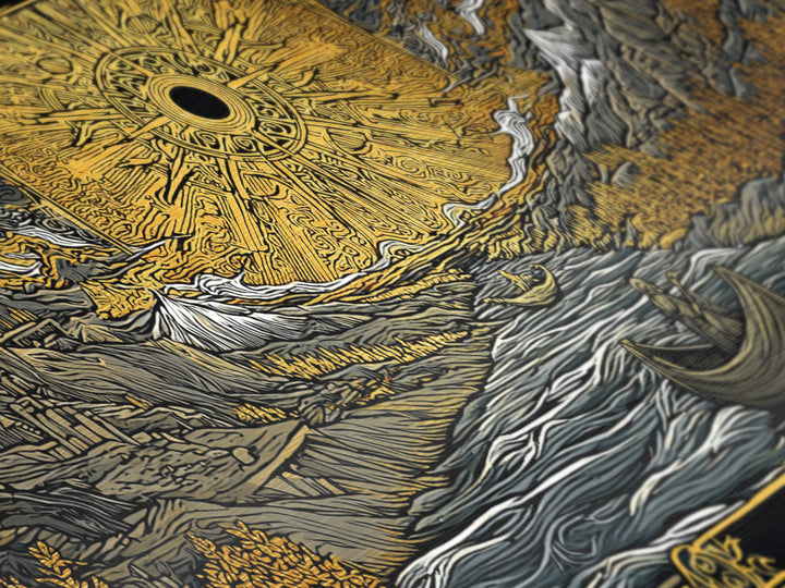 Metallic Gold Metal Print Solar Eclipse Over Mountain Valley, Rowboats and Figures, Wood Framed Map Wall Art for Fantasy and Celestial Lovers