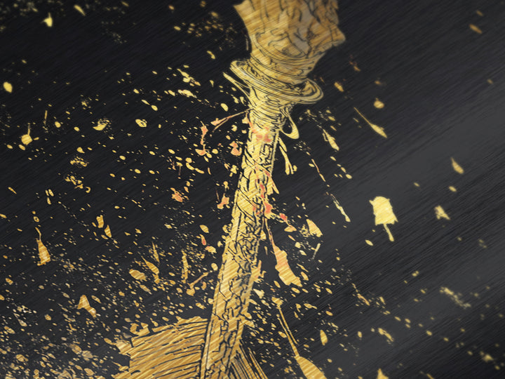 Golden Spear In Flight, Metallic Gold Metal Print, Real Wood Frame, Dynamic Weapon Art, Mythology Inspired Wall Decor