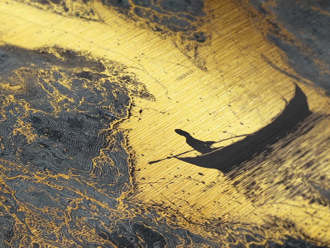 Metallic Gold Art Rowboat Silhouette Over Detailed Map Pattern, Reflective Water, Wood Framed Map Wall Décor, Nautical and Cartographic Fans