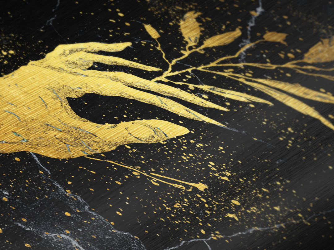 Metallic Gold Metal Print Hand Offering Olive Branch, Splatter Art Marble Texture, Wood Framed Map Wall Art for Peace and Nature Symbolism