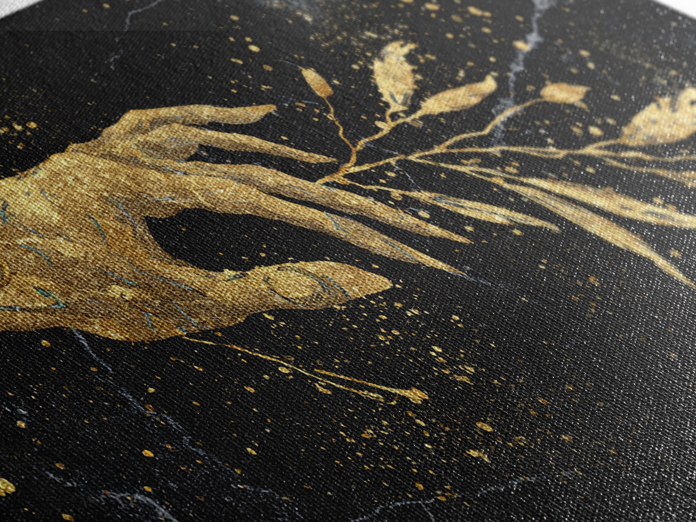 Gold Canvas Print Hand Offering Olive Branch, Splatter Art Marble Texture, Wood Framed Map Wall Art for Peace and Nature Symbolism