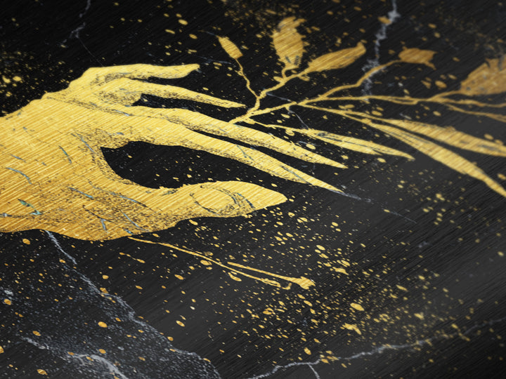 Metallic Gold Metal Print Hand Offering Olive Branch, Splatter Art Marble Texture, Wood Framed Map Wall Art for Peace and Nature Symbolism