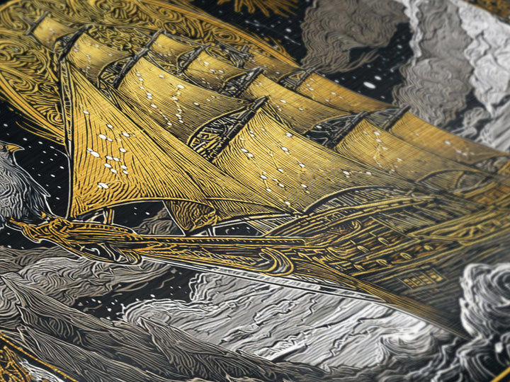 Metallic Gold Art Sailing Ship with Raven Figurehead, Starry Night and Waves, Wood Framed Map Wall Décor, Nautical and Mythic Voyage Lovers