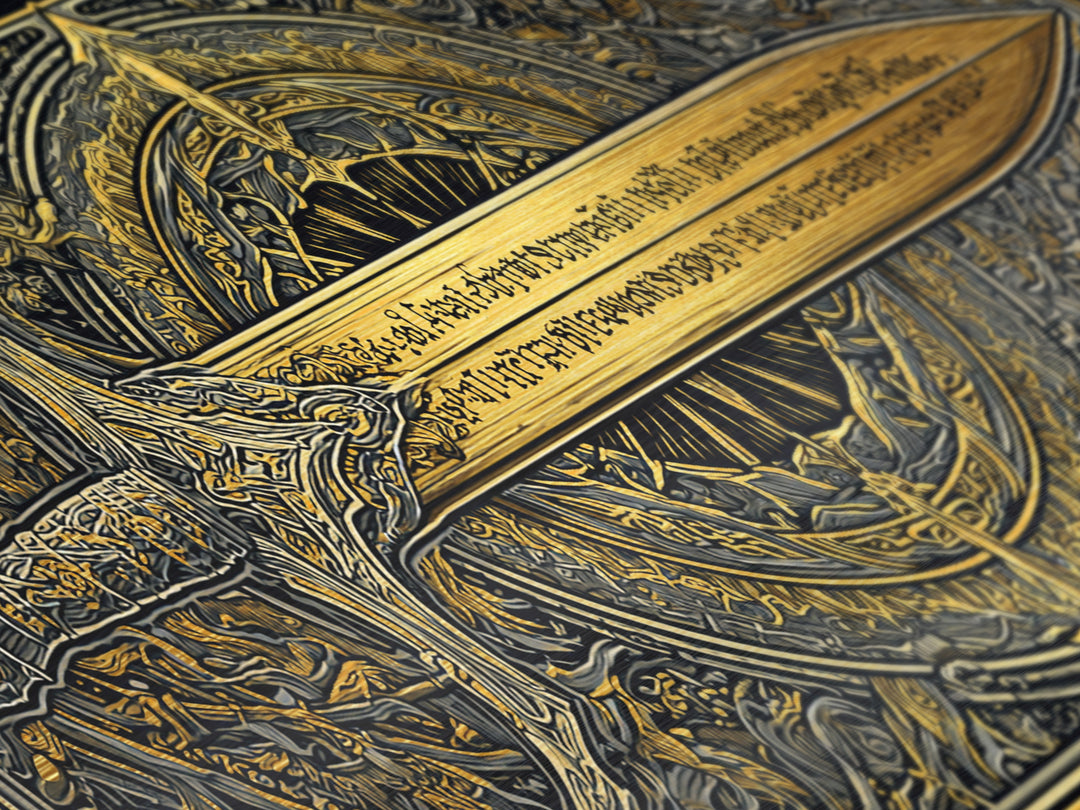 Metallic Gold Metal Print of Ornate Sword and Compass Design, Engraved Blade and Decorative Frame, Wood Framed Map Wall Décor