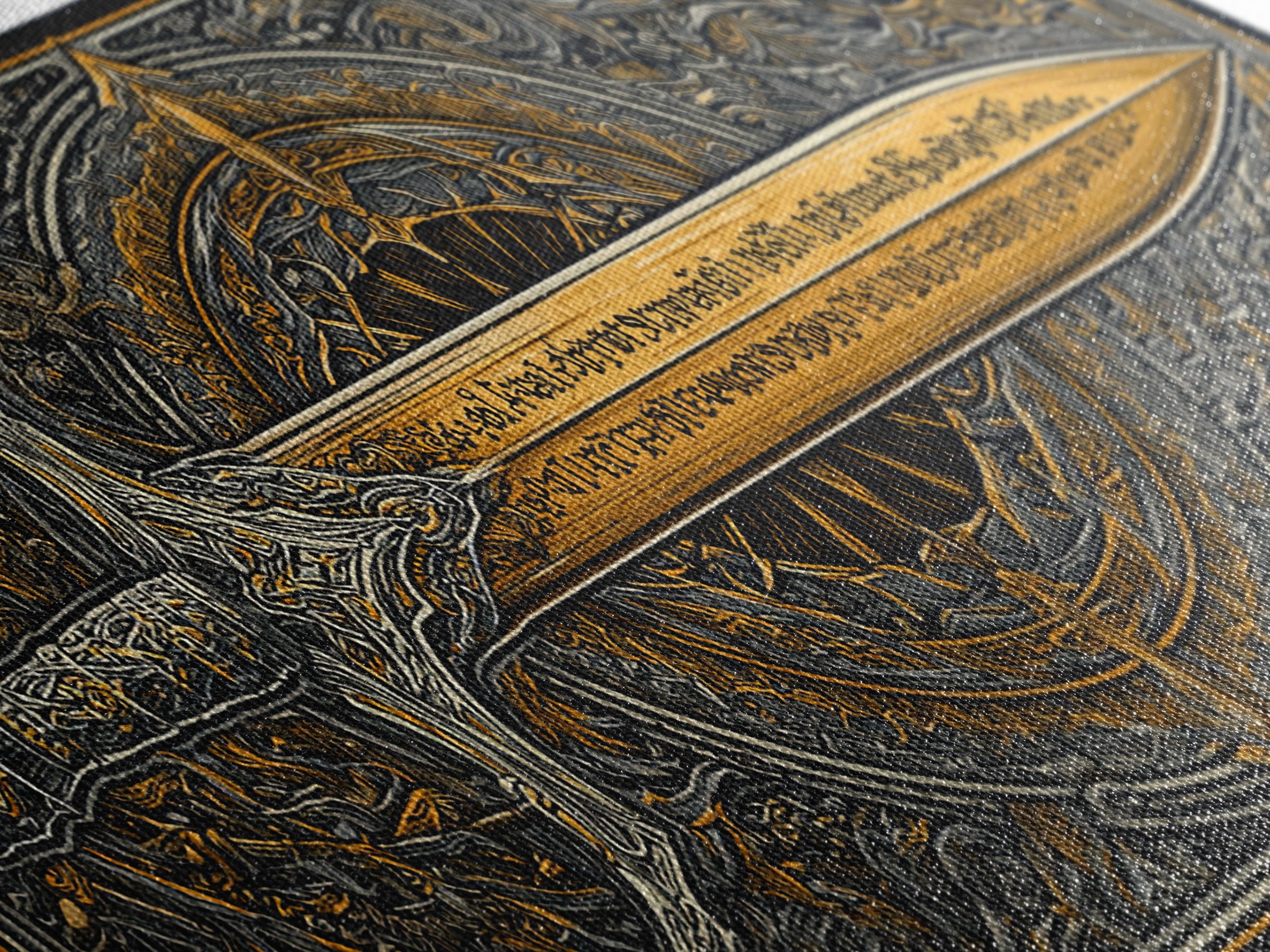 Gold Canvas Print of Ornate Sword and Compass Design, Engraved Blade and Decorative Frame, Wood Framed Map Wall Décor