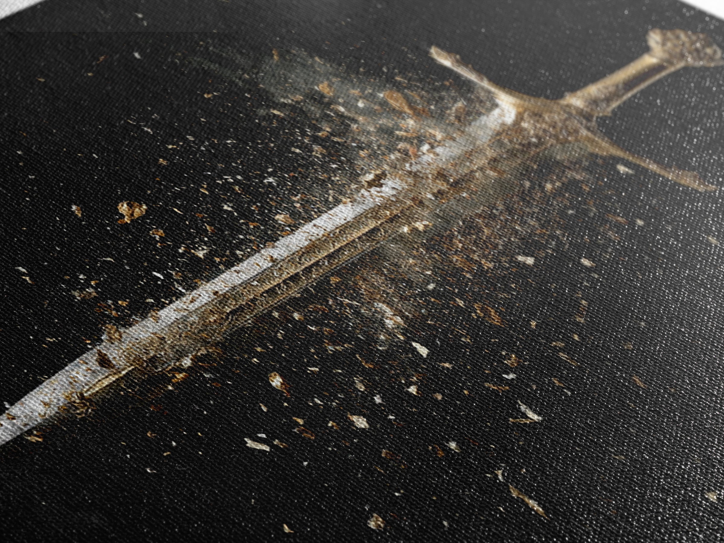 Gold Canvas Art of Shattering Sword in Mid-Air, Detailed Blade Explosion and Dark Background, Wood Framed Map Wall Art Display
