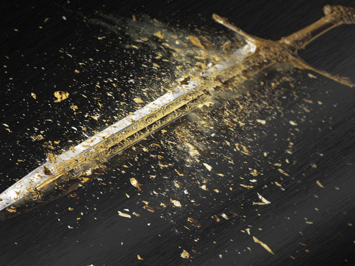 Metallic Gold Art of Shattering Sword in Mid-Air, Detailed Blade Explosion and Dark Background, Wood Framed Map Wall Art Display