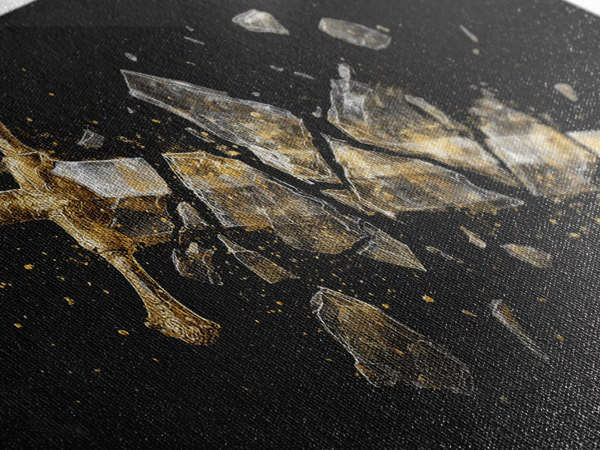 Gold Canvas Print of Broken Sword in Fragments, Detailed Golden Hilt and Blade Shards, Wood Framed Map Wall Décor Accent