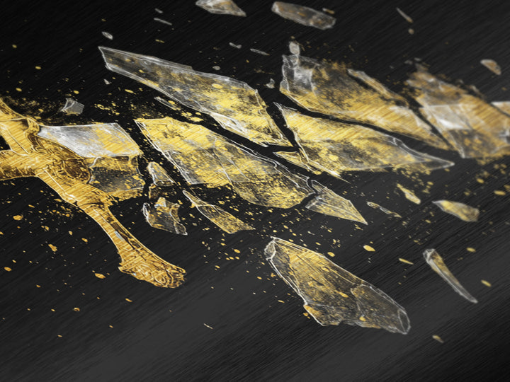 Metallic Gold Metal Print of Broken Sword in Fragments, Detailed Golden Hilt and Blade Shards, Wood Framed Map Wall Décor Accent