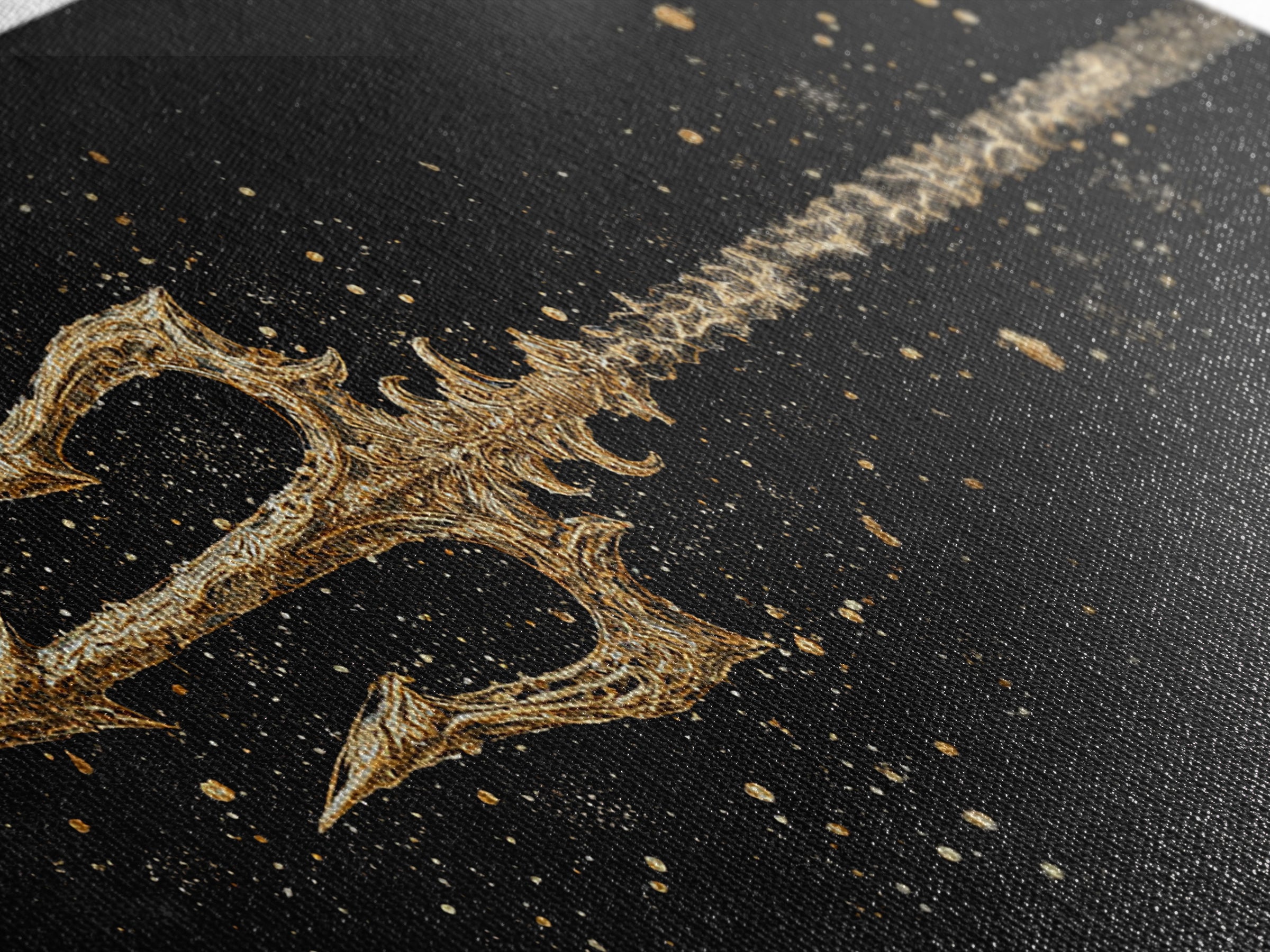 Gold Canvas Art of Decorative Trident in Motion, Splatter Effect on Black Background, Wood Framed Map Wall Art for Nautical Themes