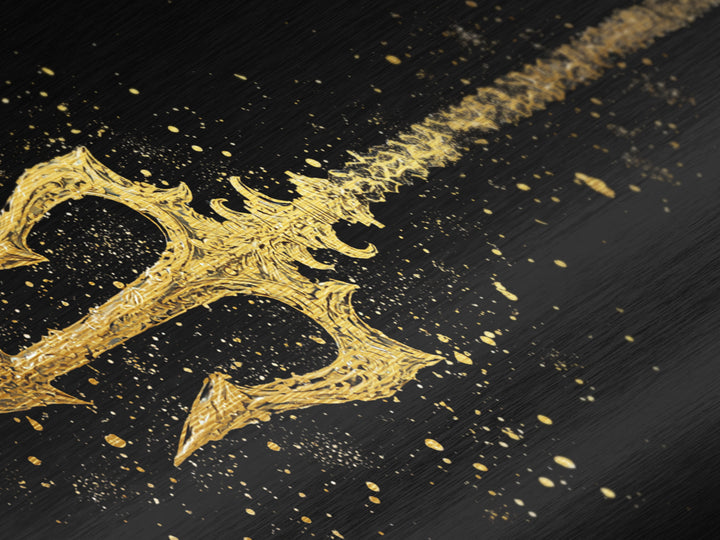 Metallic Gold Art of Decorative Trident in Motion, Splatter Effect on Black Background, Wood Framed Map Wall Art for Nautical Themes