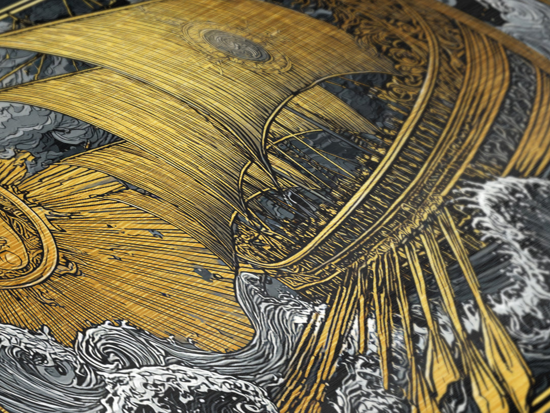 Metallic Gold Art of Sun and Ship Scene, Lion Figurehead and Ocean Waves, Detailed Decorative Style, Wood Framed Map Wall Décor