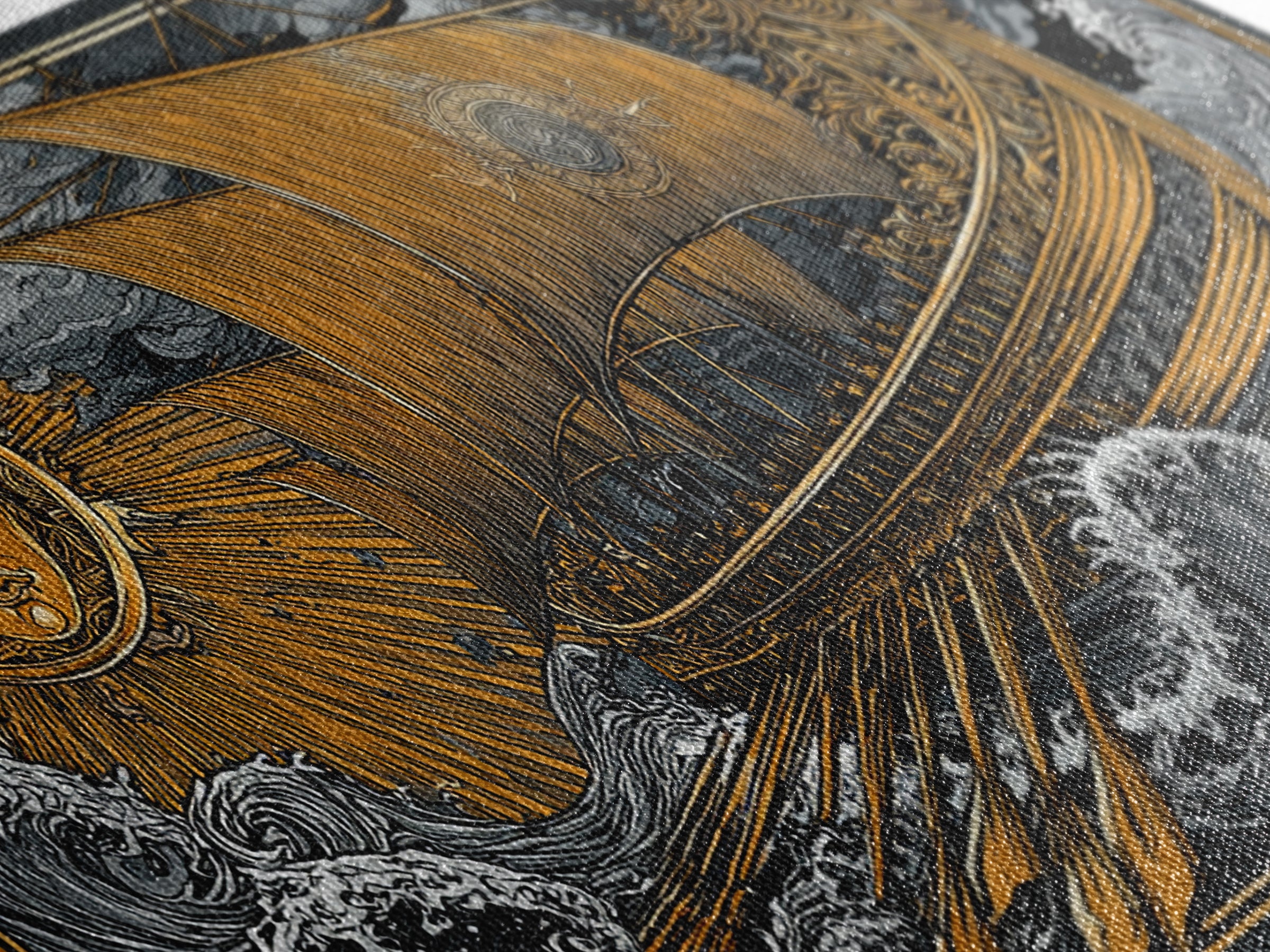 Gold Canvas Art of Sun and Ship Scene, Lion Figurehead and Ocean Waves, Detailed Decorative Style, Wood Framed Map Wall Décor