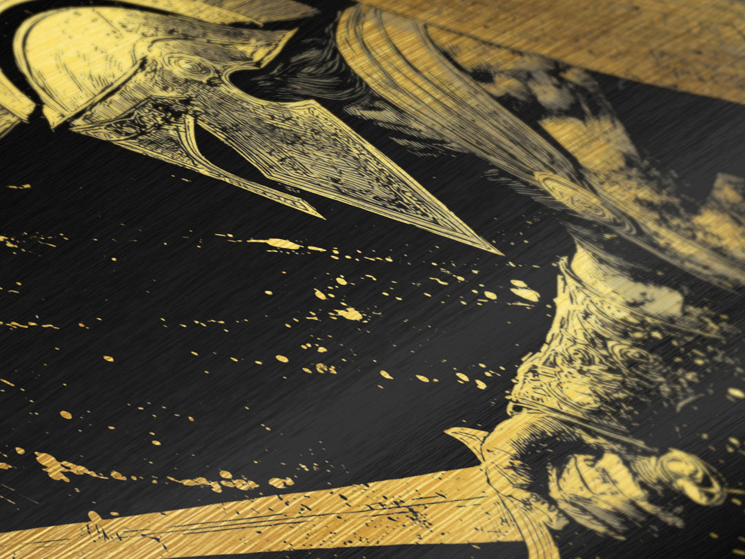 Metallic Gold Metal Print of Spartan Warrior in Battle Pose, Detailed Shield and Sword, Splatter Background, Wood Framed Map Wall Art