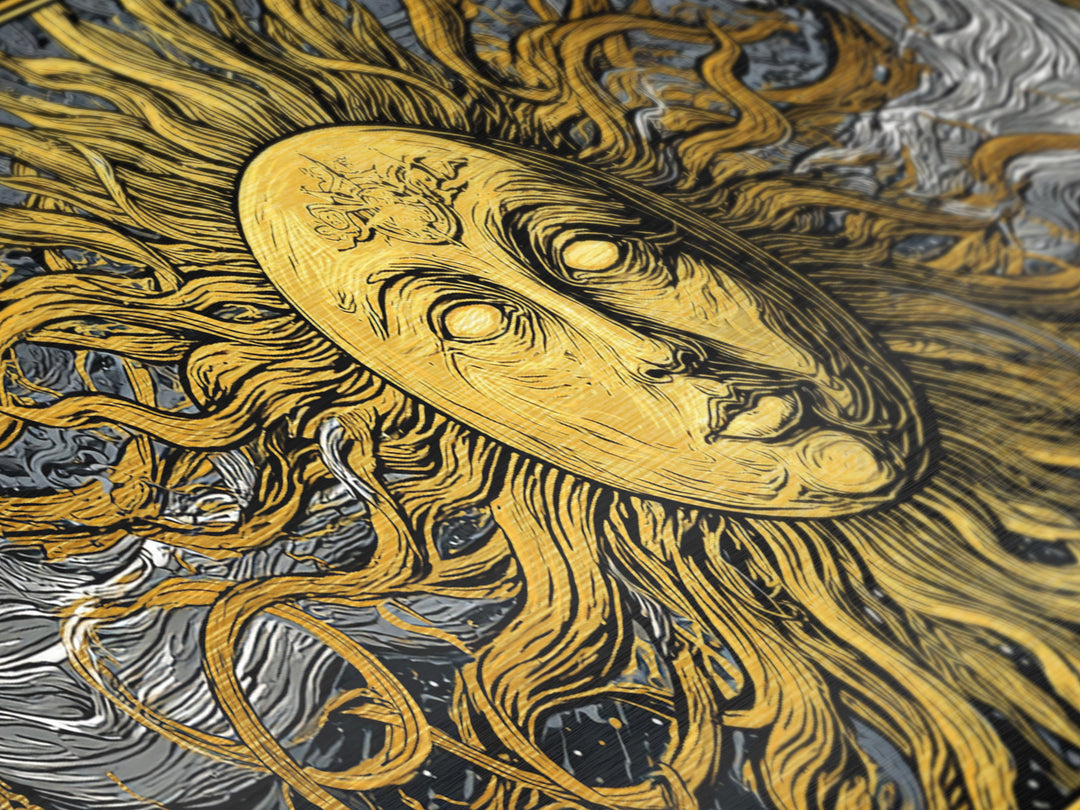 Metallic Gold Metal Print of Sun Face with Flowing Hair and Ocean Waves, Detailed Mythological Design, Wood Framed Map Wall Décor