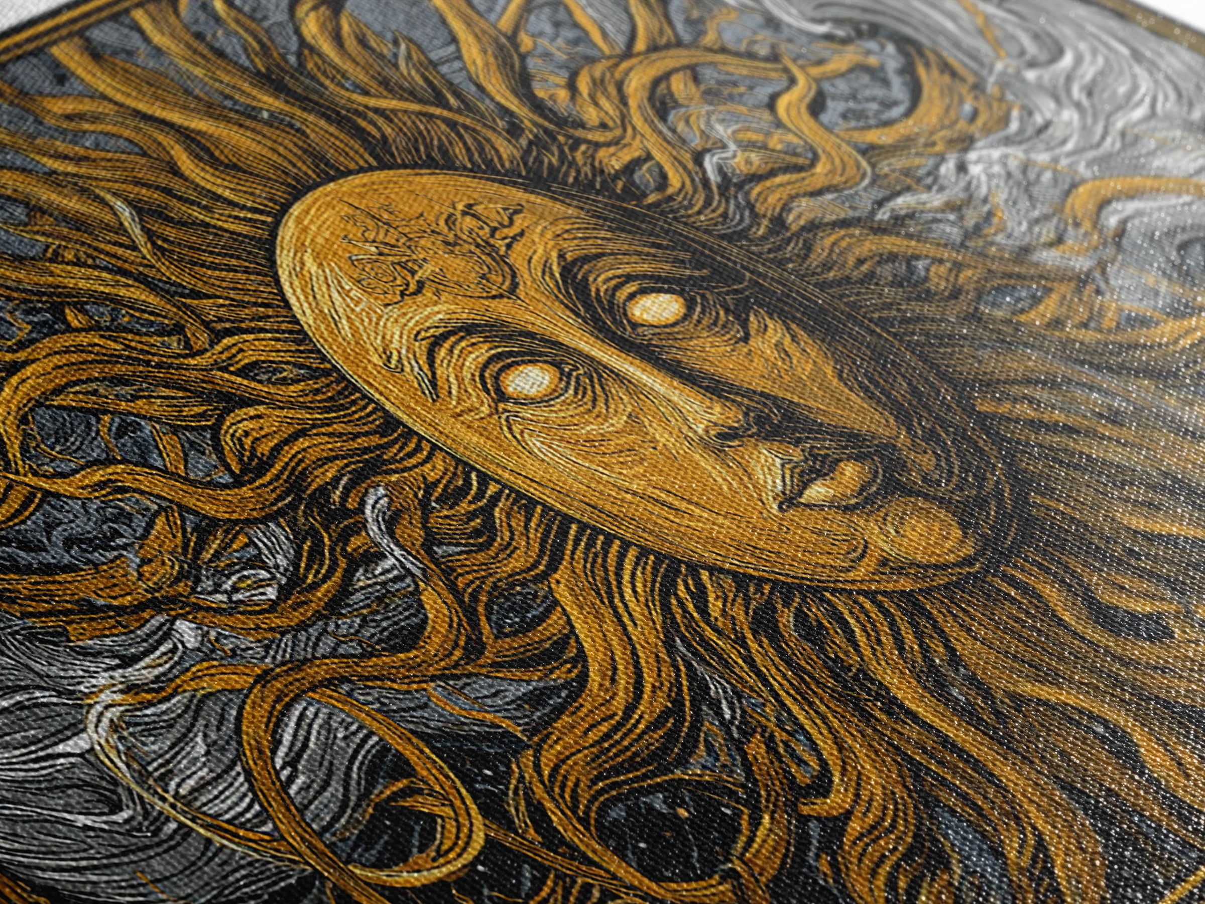 Gold Canvas Print of Sun Face with Flowing Hair and Ocean Waves, Detailed Mythological Design, Wood Framed Map Wall Décor