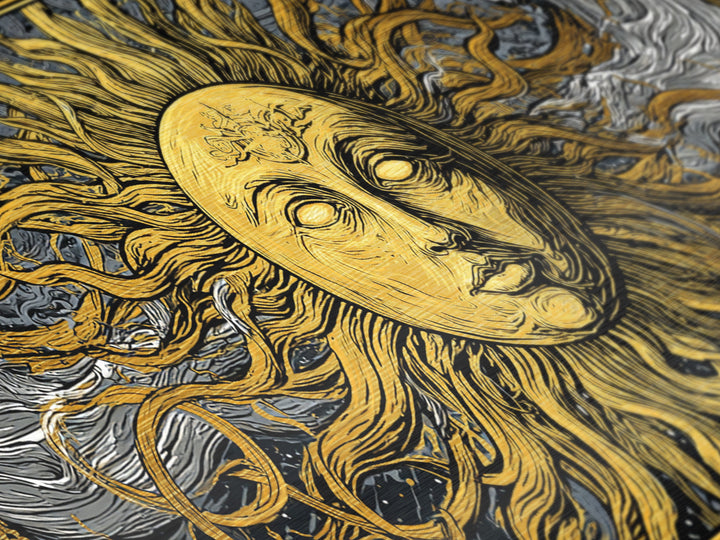 Metallic Gold Metal Print of Sun Face with Flowing Hair and Ocean Waves, Detailed Mythological Design, Wood Framed Map Wall Décor