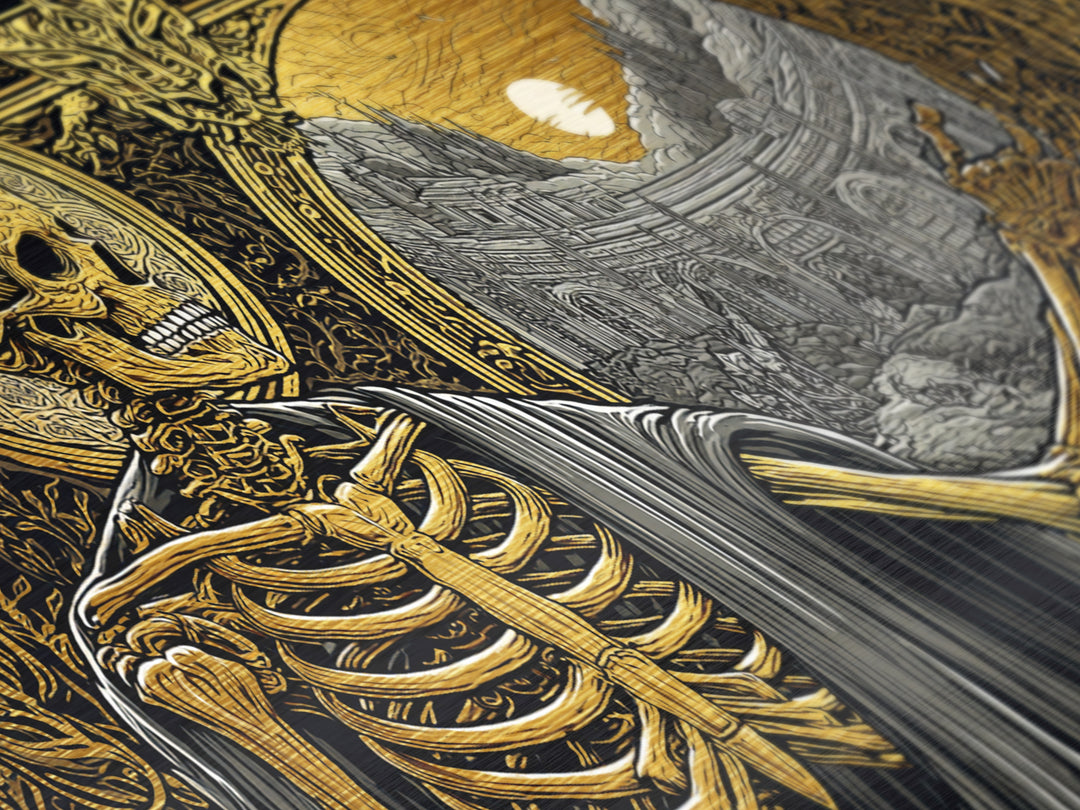 Skeleton Pointing to Ancient Arena Metallic Gold Art, Gothic Medieval Scene, Ornate Frame Design, Dark Fantasy Wall Decor