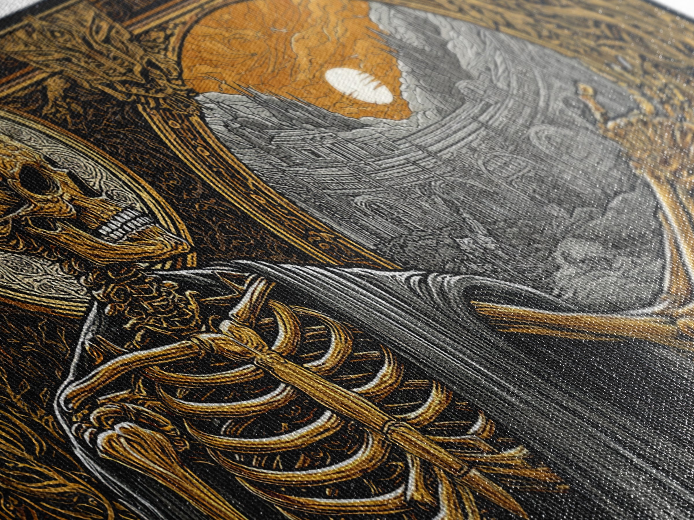 Skeleton Pointing to Ancient Arena Gold Canvas Art, Gothic Medieval Scene, Ornate Frame Design, Dark Fantasy Wall Decor