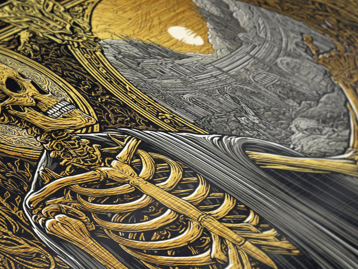 Skeleton Pointing to Ancient Arena Metallic Gold Art, Gothic Medieval Scene, Ornate Frame Design, Dark Fantasy Wall Decor