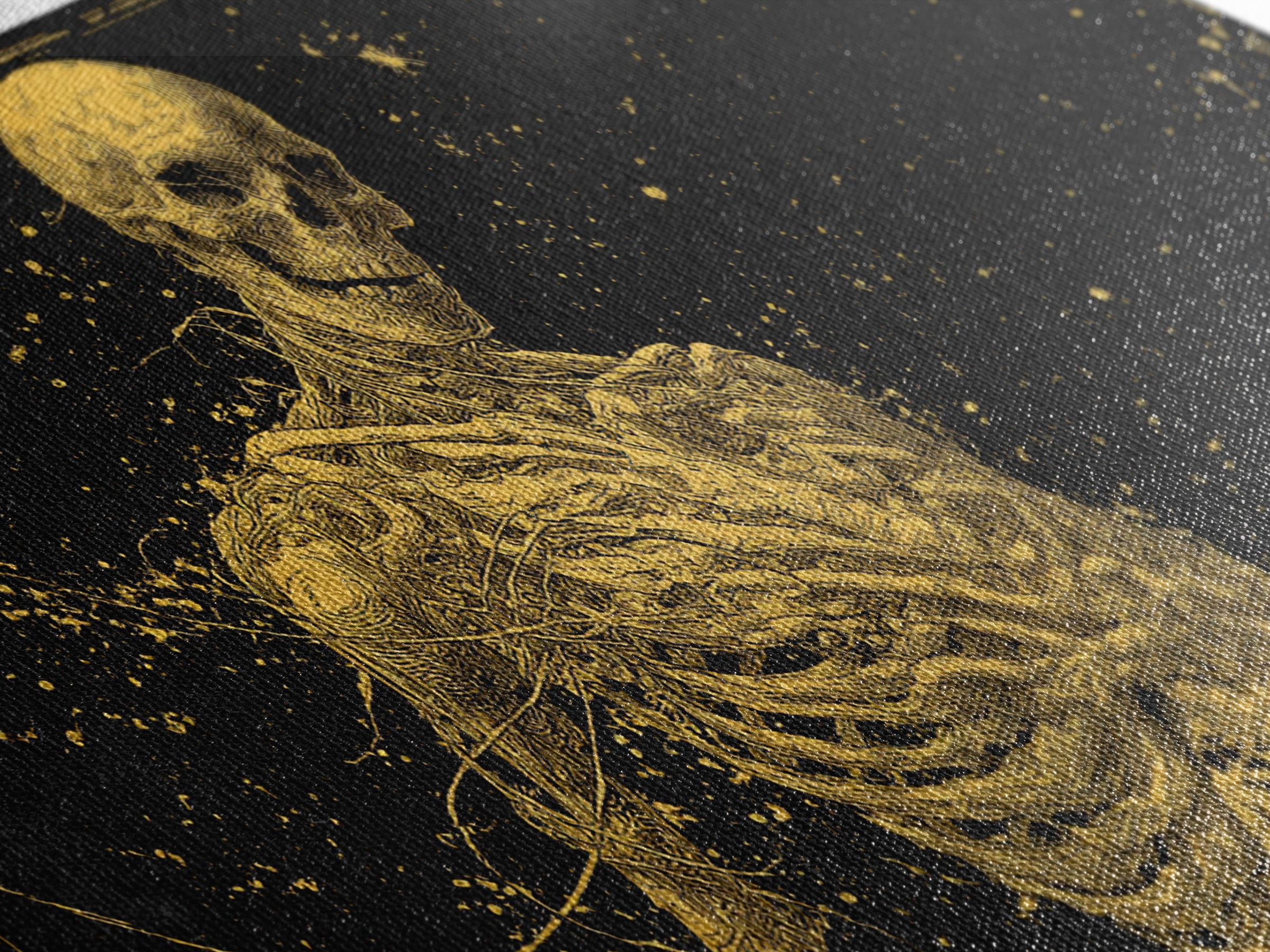 Golden Anatomical Skeleton on Black Starfield Gold Canvas Print, Macabre Anatomy Illustration, Gothic Horror Home Art