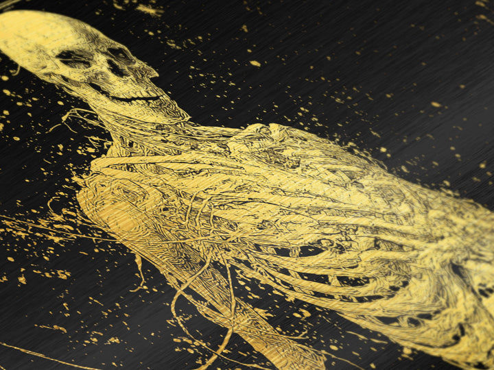 Golden Anatomical Skeleton on Black Starfield Metallic Gold Metal Print, Macabre Anatomy Illustration, Gothic Horror Home Art