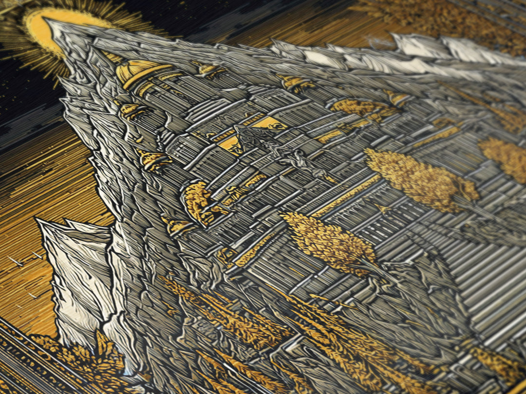 Mythical Mountain Fortress Metallic Gold Art, Grand Palace in Majestic Peaks, Fantasy Landscape Illustration, Epic Home Wall Decor