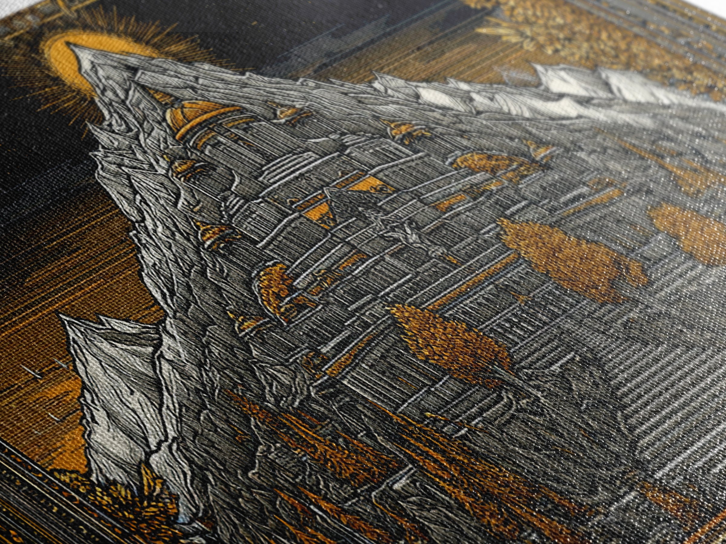 Mythical Mountain Fortress Gold Canvas Art, Grand Palace in Majestic Peaks, Fantasy Landscape Illustration, Epic Home Wall Decor