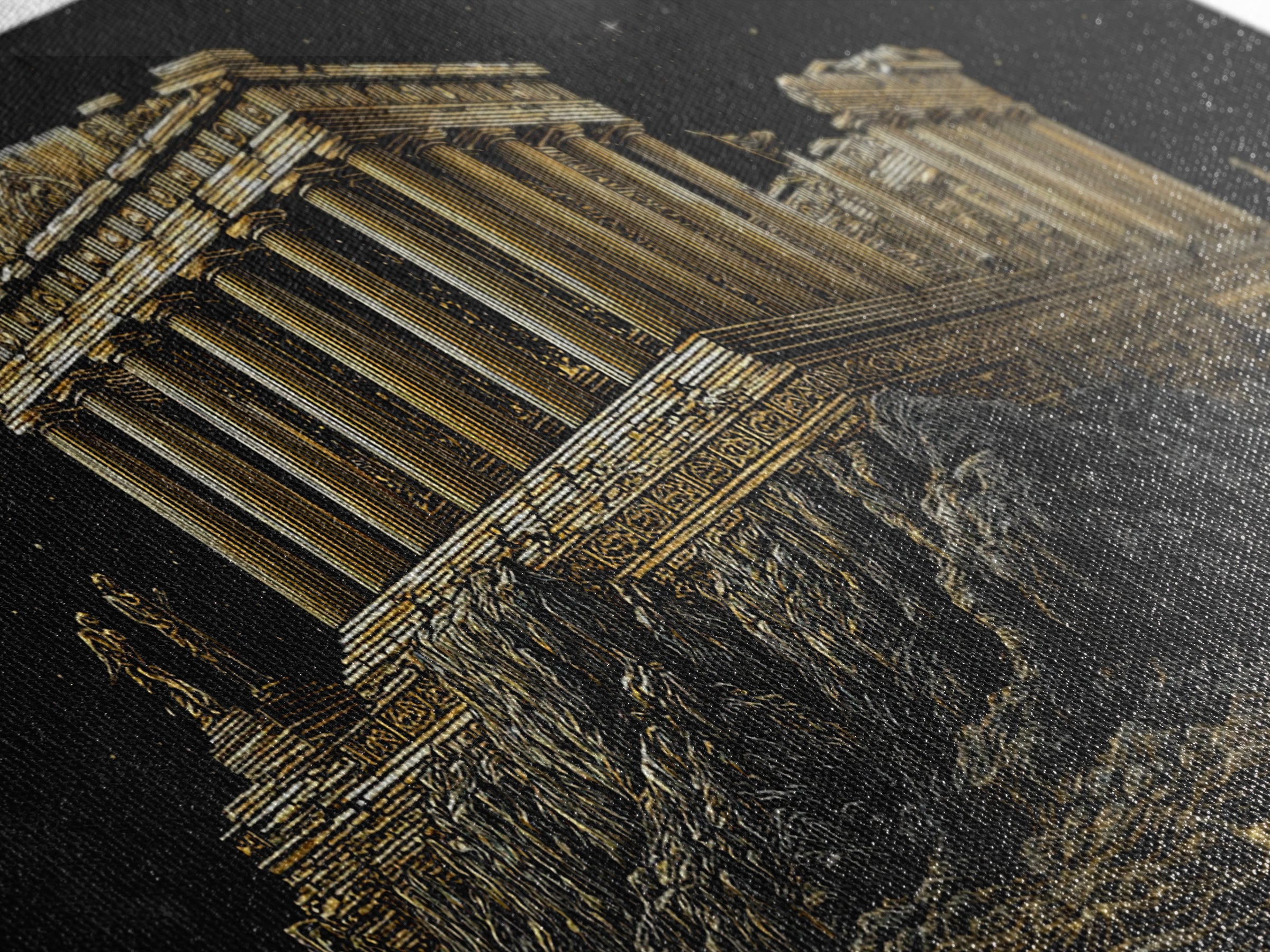 Ancient Greek Temple on Rocky Shore Gold Canvas Print, Classical Architecture Illustration, Historic Landmark Wall Art